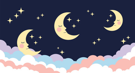 Dreamy night sky scene features sleeping crescent moons cute stars and colorful clouds in a soft pastel color palette.