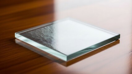 Fototapeta premium Transparent glass square resting atop a polished wooden surface indoors