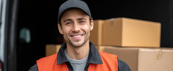Joyful delivery driver eagerly packing boxes into the truck at the bustling warehouse