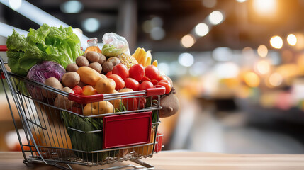 Grocery cart in supermarket shopping, isolated background, retail concept, consumer goods, with copy space