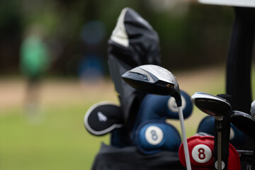 A lot of golf clubs in a cart