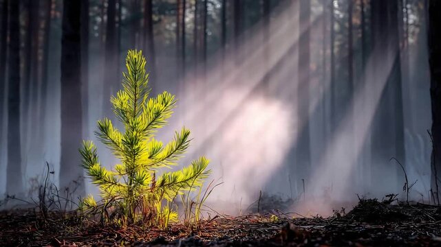 Vibrant Young Pine Tree Bathed in Golden Sunlight in a Misty Enchanted Forest.