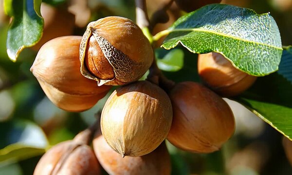 Close up of ripe nuts on a tree branch, one husk revealing the kernel.