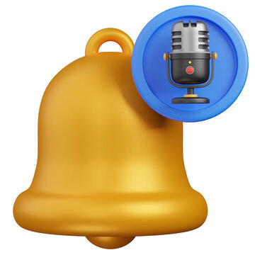 3d render Golden Notification Bell with Microphone Icon