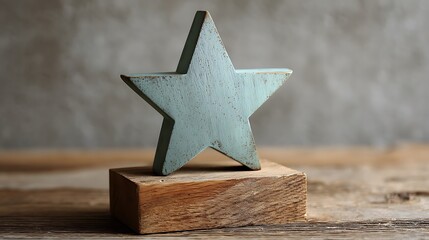 Pastel Teal Five Pointed Star on Wooden Base.