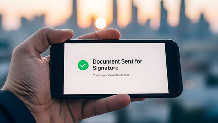 Hand holding smartphone with green verified security symbol on screen
