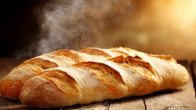 Freshly Baked Artisan Bread Steaming on a Rustic Wooden Table with Warm Golden Light.