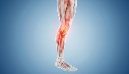 Calf muscle and nerve pain illustration in a human leg, depicting inflammation, injury, and medical discomfort.