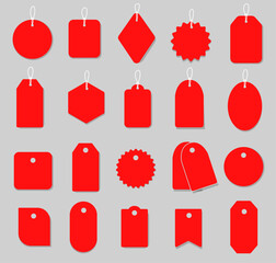 Set empty price tags in different shapes. Red price tags. Template of price tags, labels.