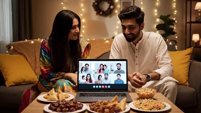 Couple enjoying virtual iftar party with friends online during Ramadan