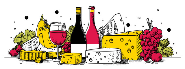 red wine and grapes with cheese vector illustration isolated on white background 