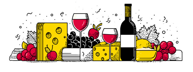 red wine and grapes with cheese vector illustration isolated on white background 