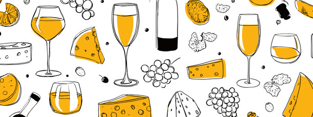 red wine and grapes with cheese vector illustration isolated on white background 