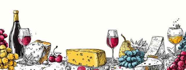 red wine and grapes with cheese vector illustration isolated on white background 