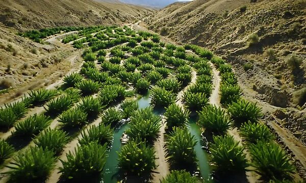 Cultivated rows of vibrant green plants thriving in a desert valley with irrigation channels.