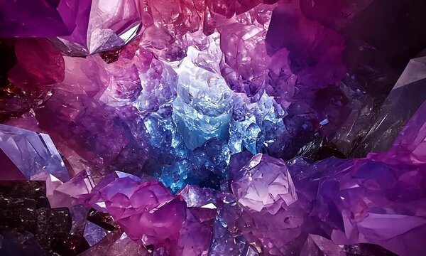 Dazzling Crystal Geode Formation with Sparkling Amethyst and Quartz in Vibrant Purple and Blue.