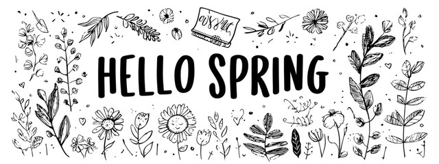 hello spring giftgard vector illustration of a tree and flowers vector illustration