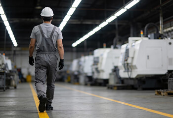A man in a grey and white outfit walks through a factory. The factory is filled with machinery and the man is wearing a hard hat. Scene is industrial and serious