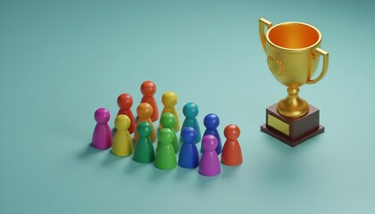 Achieving success through teamwork: diverse colorful figures striving for a golden trophy on a minimalist blue background.
