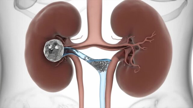 Detailed 3D medical illustration showing human kidneys with a large kidney stone obstructing the left ureter.