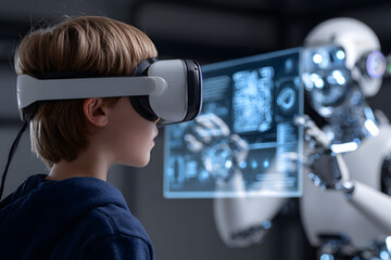 A young boy experiences VR alongside a robot, engaging in direct interaction with an advanced digital screen. This scene illustrates future technology fostering innovation and learning.