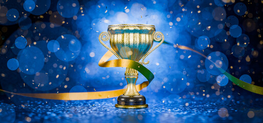 Award for outstanding achievement. Golden winner's cups as awards on a blue background. Achievements. Victory. Goal achievement concept. Winner's certificate. First place in a computer game. 3D render