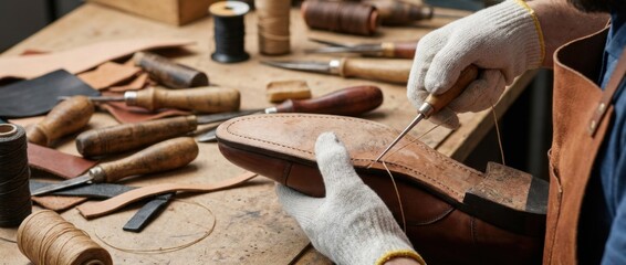shoemaker crafting leather shoes with precision in professional studio using traditional tools and techniques showcasing skilled hands and detailed craftsmanship in a close-up shot
