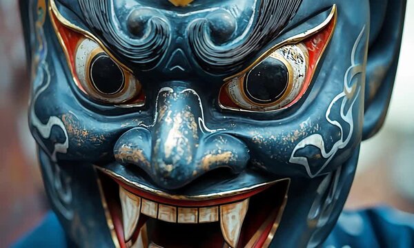 Detailed traditional blue and gold ceremonial mask with sharp fangs and intense eyes.