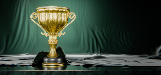 Prize place. Golden winner's cups as a reward. Achievements. Victory. Goal achievement concept. First place in a computer game. Award for outstanding achievements. Winners' cup. 3D render.