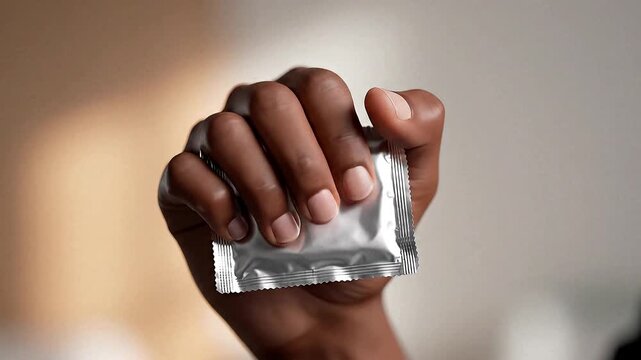 A hand holding an unopened condom package is displayed prominently in the foreground.