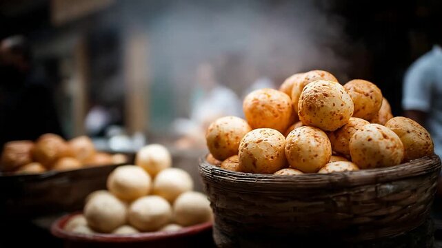 Warm golden cheese bread in rustic basket steaming fresh at vibrant street market.