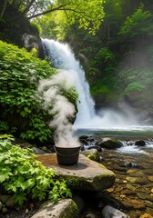 Steaming cooking pot rests on mossy rock near vibrant cascading waterfall in dense forest