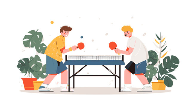 two boys playing ping pong table tennis vector illustration isolated on white background 