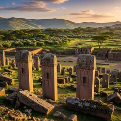 Ancient monolithic grave markers stand tall amidst grassy ruins and rolling hills at sunset
