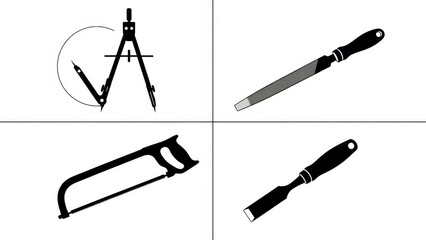 Drawing Compass, File, Hacksaw, and Chisel - Set of Tools for Crafting and Design