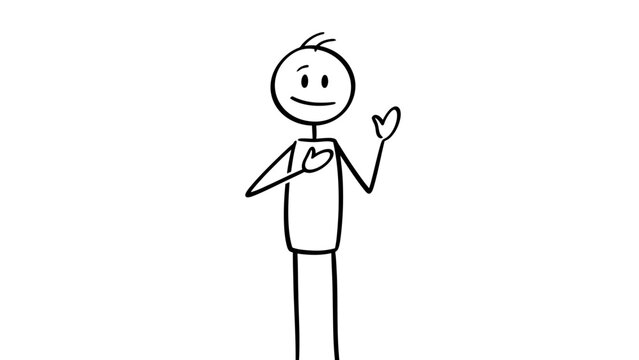 Friendly Stick Figure Man Waving and Greeting Politely with Hand on Chest on Isolated White Background