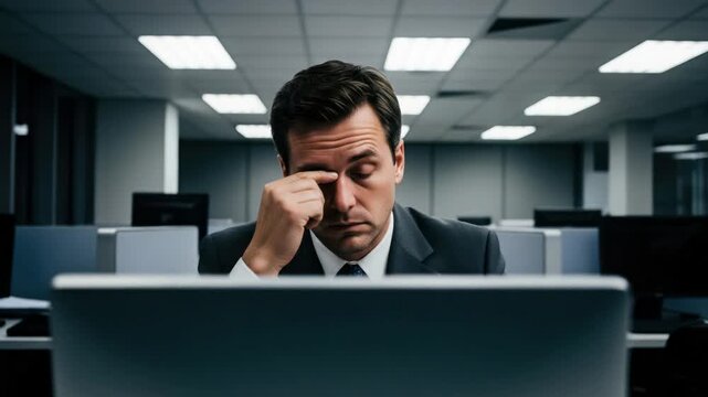 Tired businessman rubbing eyes at desk in modern office, long workday concept