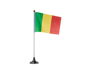 Flag on a polished metallic stand with vertical pole and tricolor green yellow red stripes