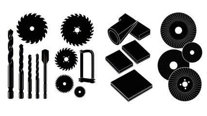 Drill bits, saw blades, abrasive discs and metal stock - silhouette collection