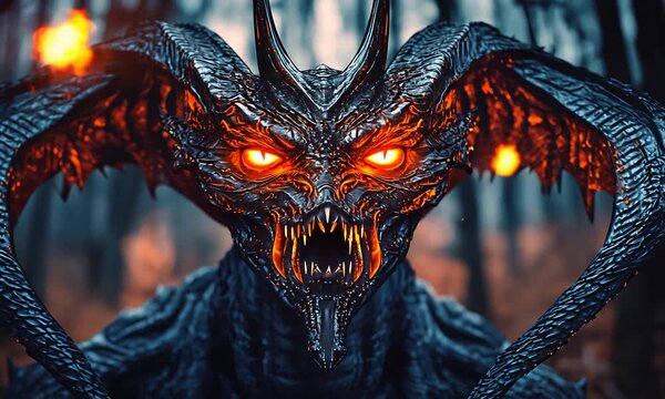 Fearsome Horned Demon Creature with Glowing Orange Eyes in a Dark Fantasy Setting.