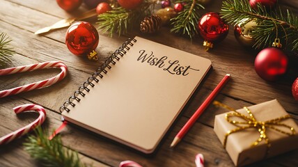 Christmas wish list notebook with festive decorations and gifts