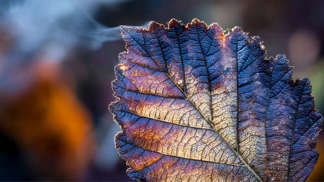 Close up of a vibrant autumn leaf with intricate patterns and gentle smoke rising.