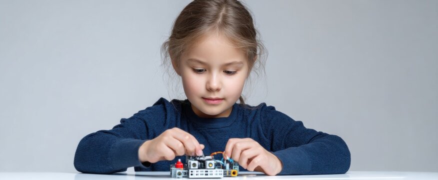 the girl building a robotic kit on a clean white surface