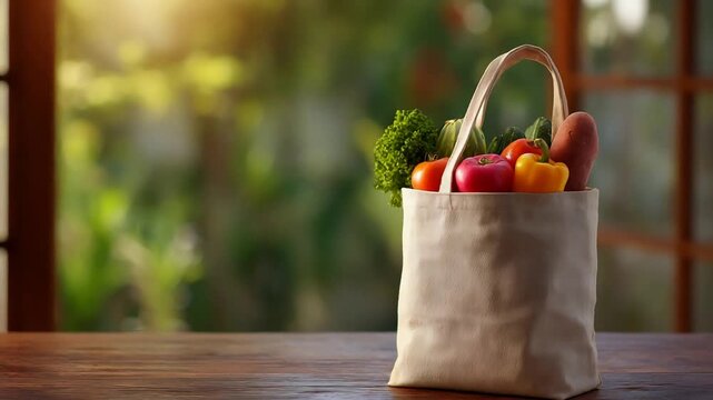 Healthy Groceries Reusable Bag Filled with Fresh Organic Produce on Rustic Wooden Table.