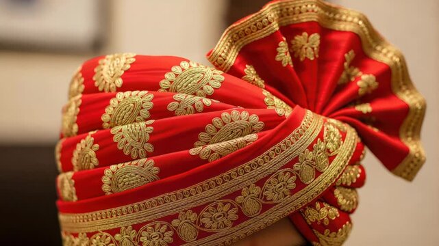 Close-up of a traditional red and gold Indian turban (pagri) for a wedding.