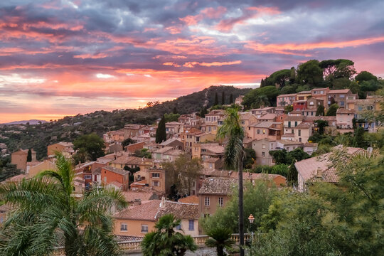 Bormes les memosas picturesque village at twilight, French riviera.