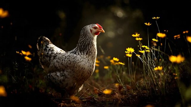 Beautiful Speckled Chicken Amidst Glowing Yellow Wildflowers in a Tranquil Outdoor Setting at Dusk.
