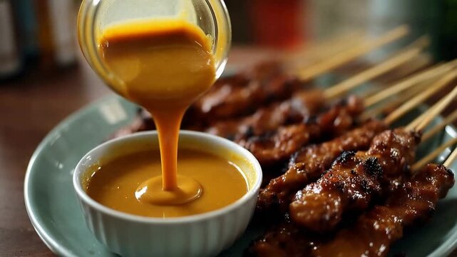 Savory Peanut Satay Sauce Preparation with Grilled Skewers Ready for a Delicious Meal.