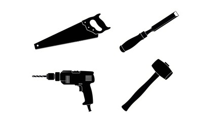 Set of carpentry tools in silhouette: hand saw, chisel, drill, mallet on white background