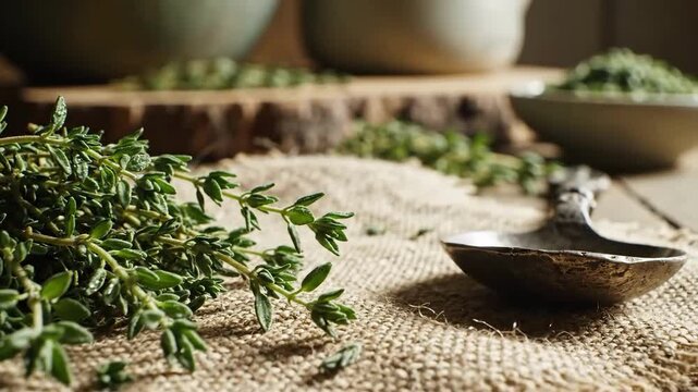 Fresh Thyme Herb Still Life On Burlap With Rustic Silver Spoon And Green Bowls
